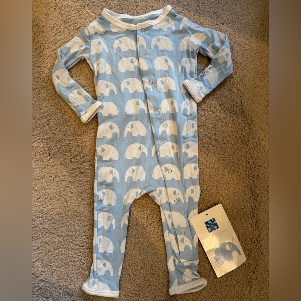 NWT Kickee Pants Pajamas Blue White Elephant Baby One Piece PJ | 3-6 months